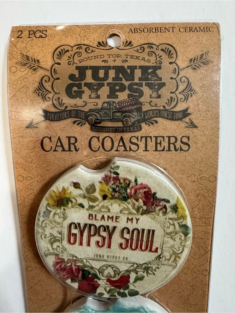 Junk Gypsy Car Coasters Set 2 Absorbent Ceramic Gypsy Soul Adventure WJG2137 NWT